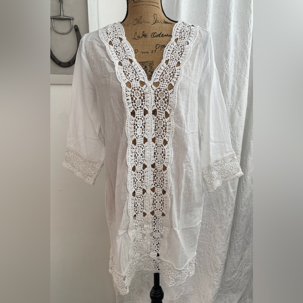 NWT Club Z Collection Cotton Gauze Crochet Tunic Swim Cover Top Size S